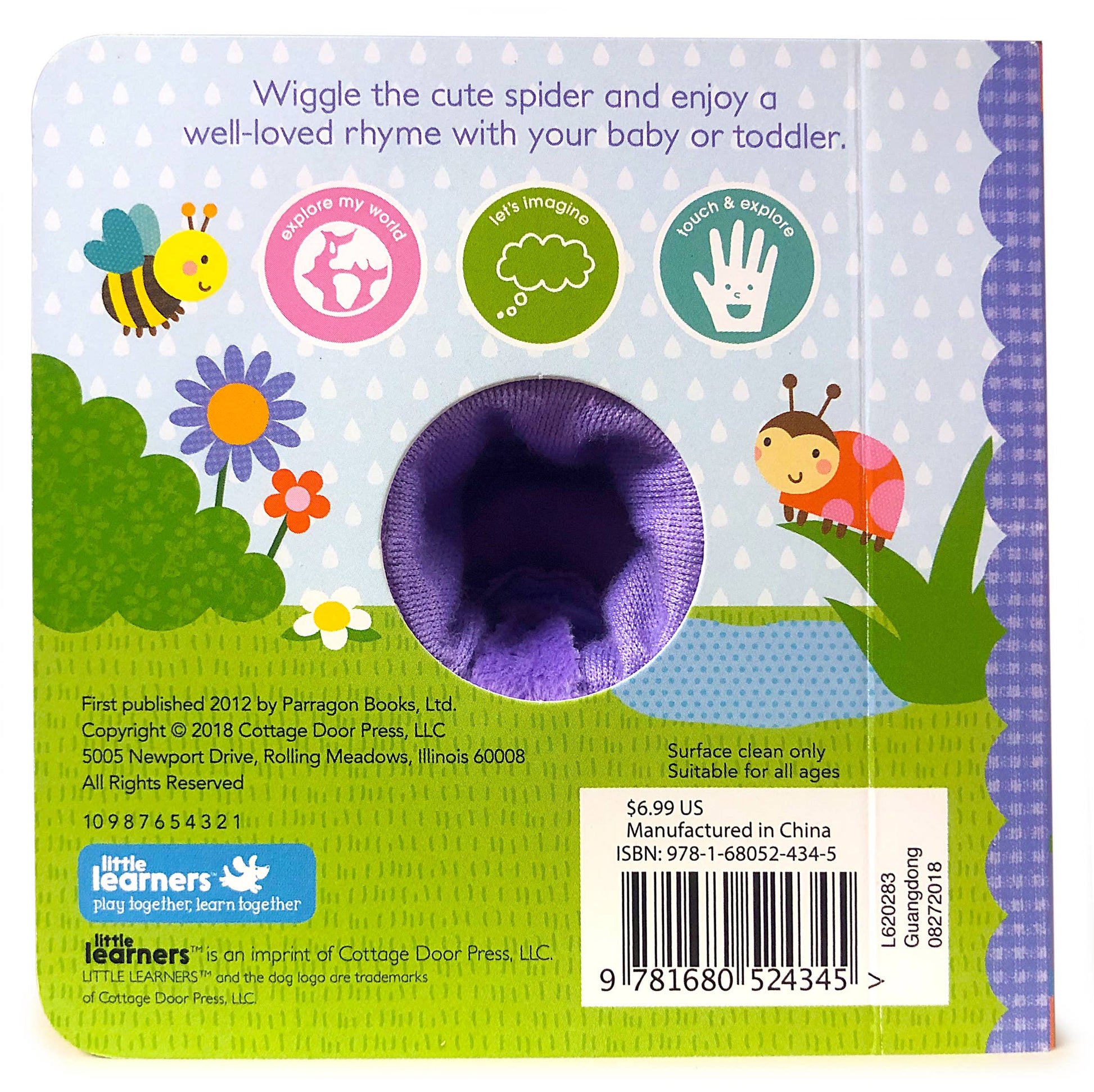 Back cover of a children's book with a spider toy and colorful illustrations.