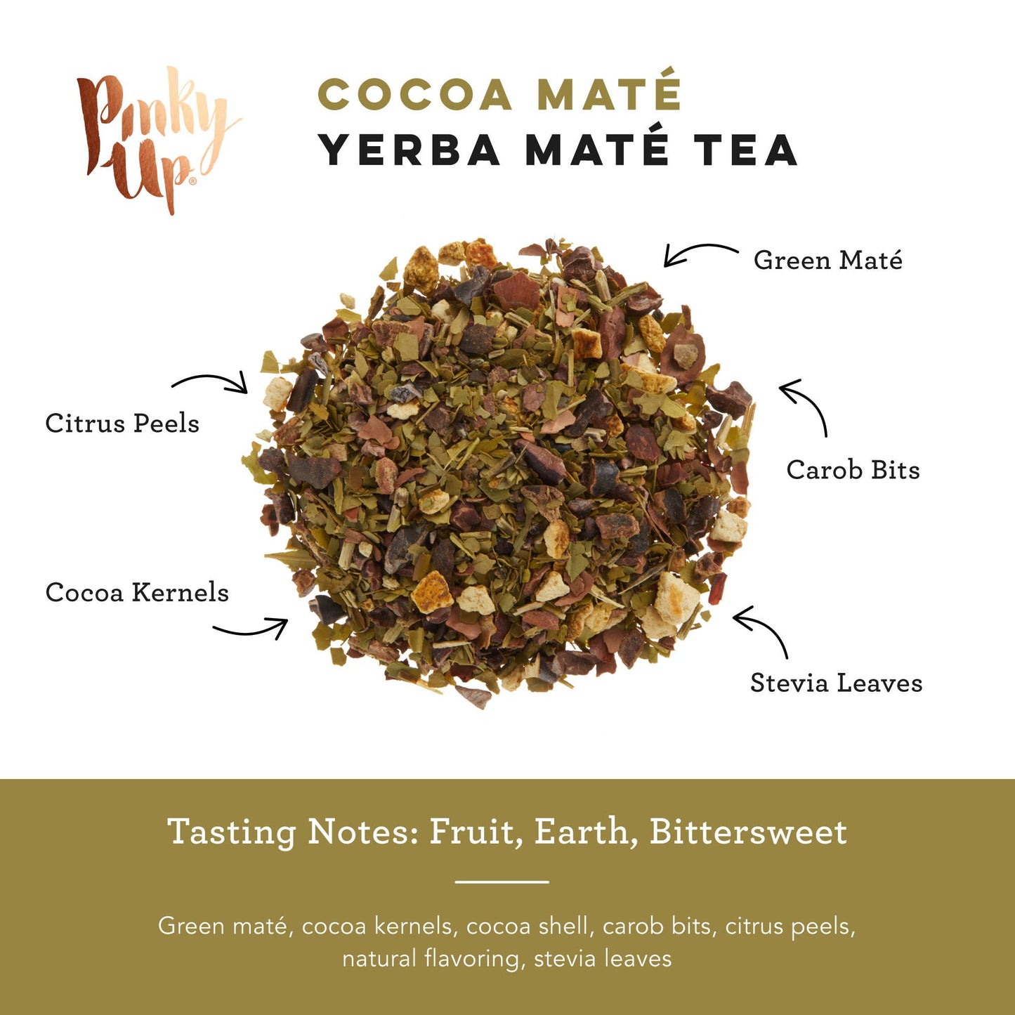 Cocoa Mate Yerba Mate Tea with labeled ingredients and Pinky Up branding.