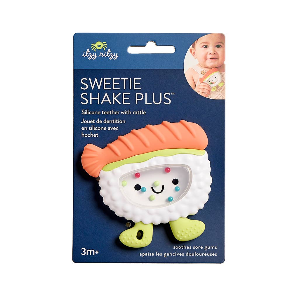 Package of itzy ritzy Sweetie Shake Plus silicone teether with rattle on a white background