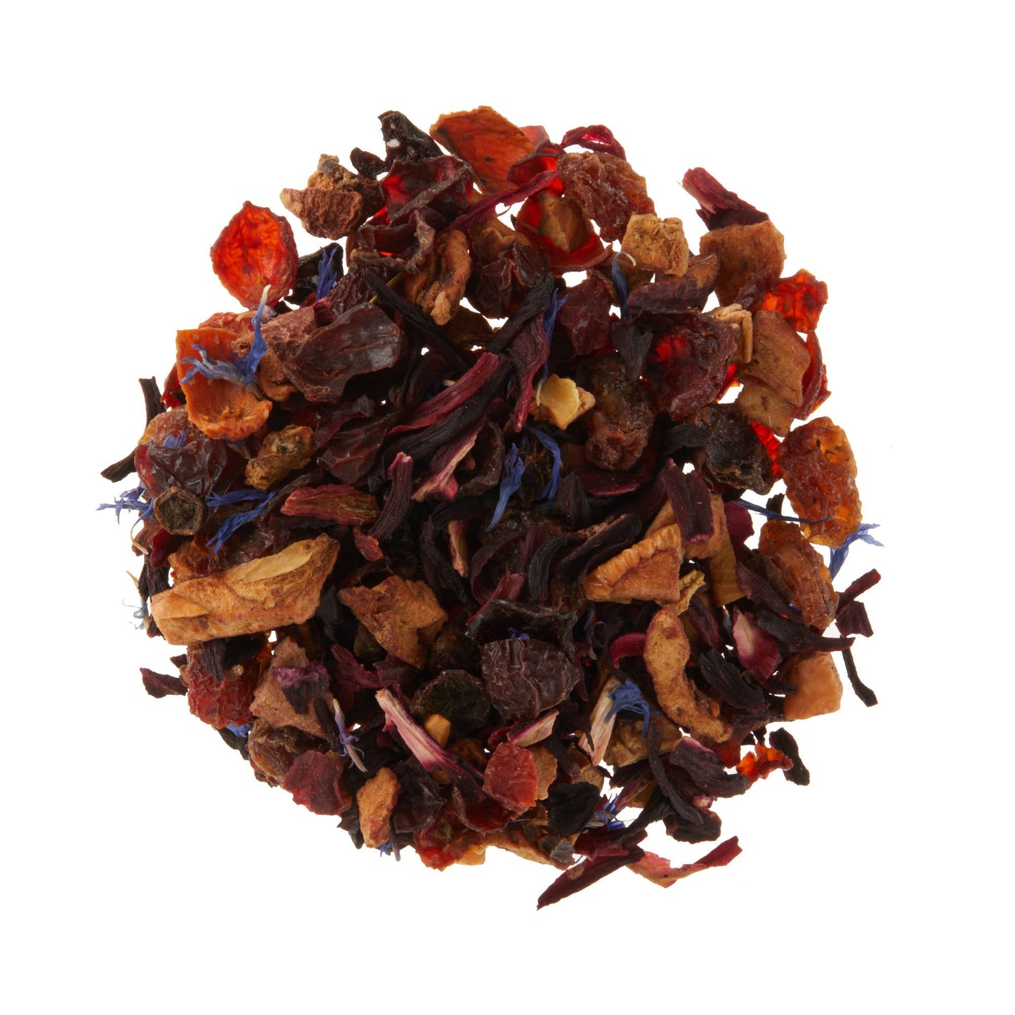 Assorted dried tea leaves on a white background