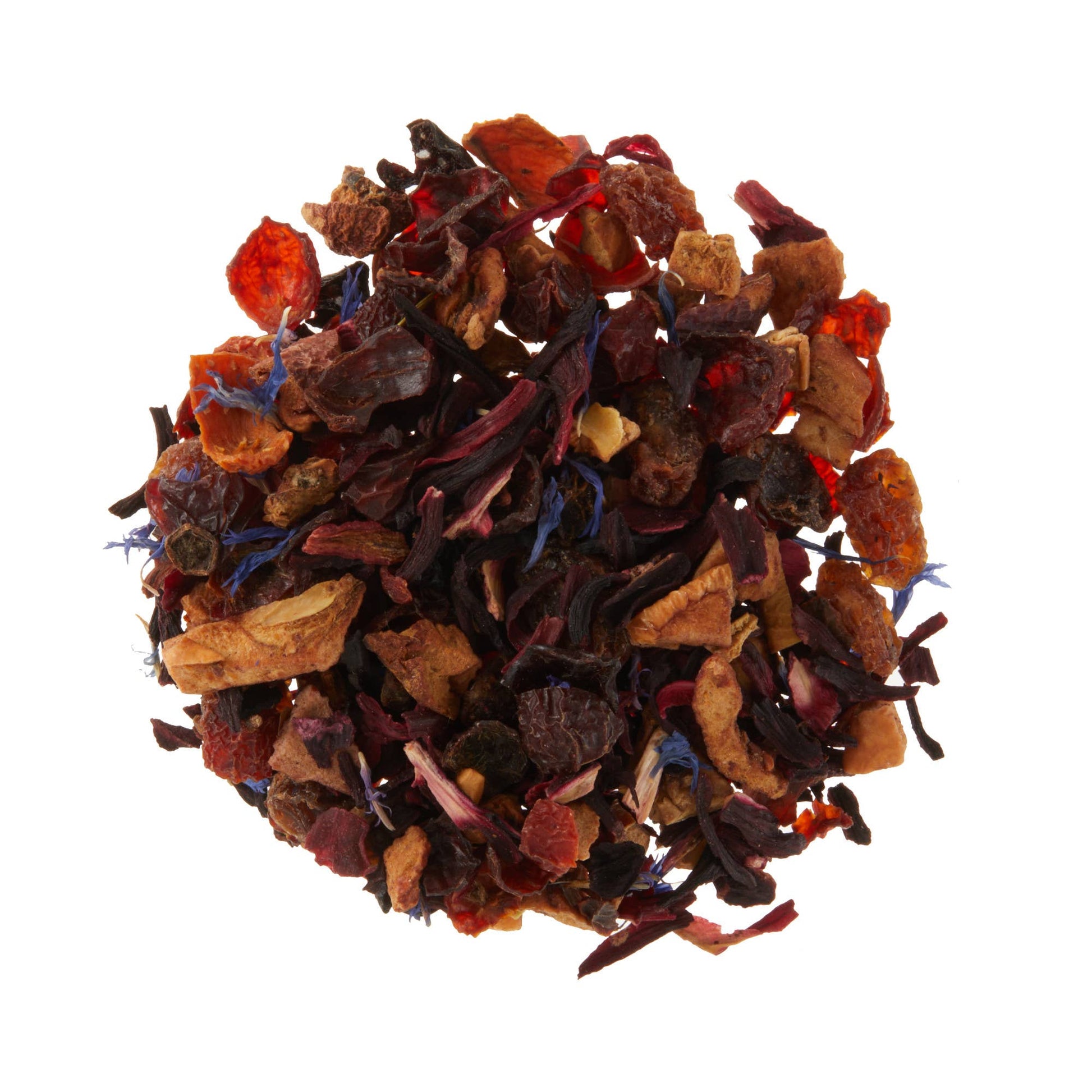 Assorted dried tea leaves on a white background