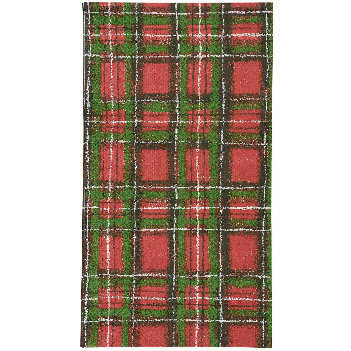 A rectangular woven textile with a red and green plaid pattern and thin white intersecting lines, shown flat against a plain white background.