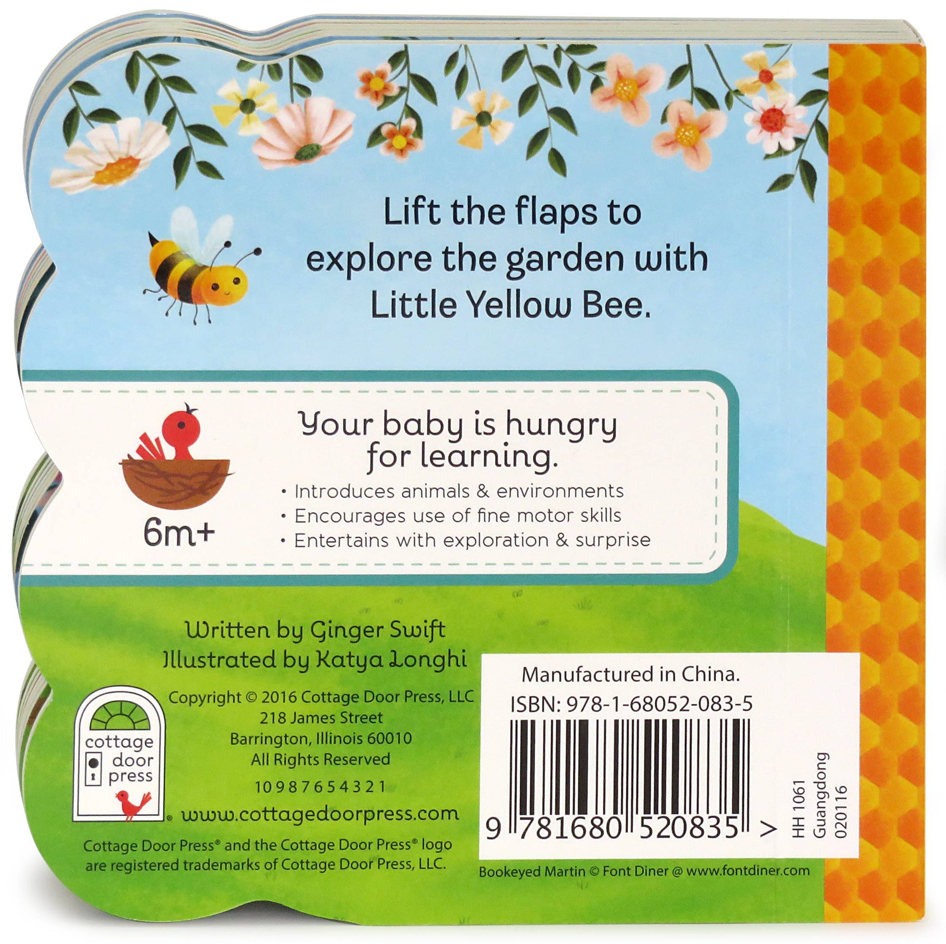 Back cover of a children's book with garden-themed design and text.