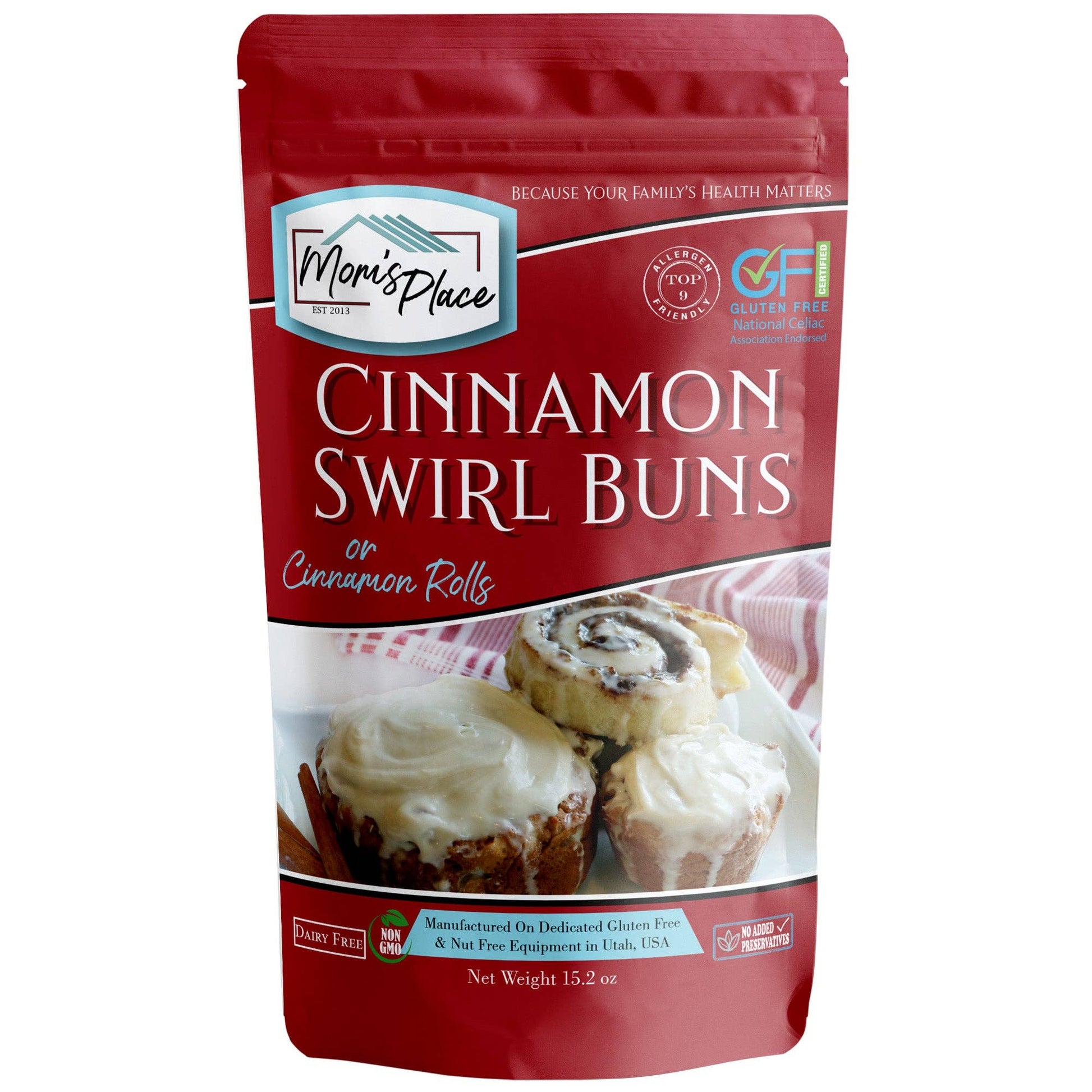 Packaging of Cinnamon Swirl Buns from Mom's Place on a white background