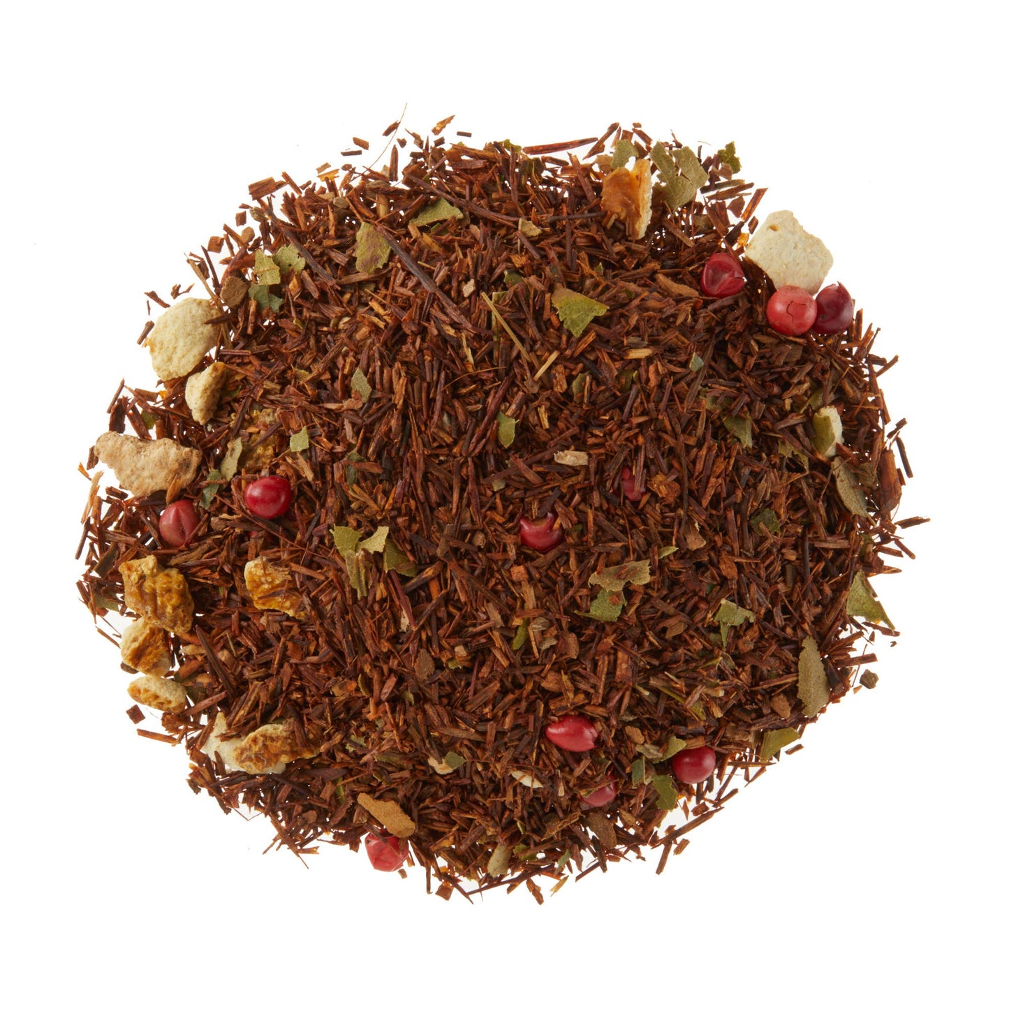 Tea leaves with visible red berries and green leaves on a white background