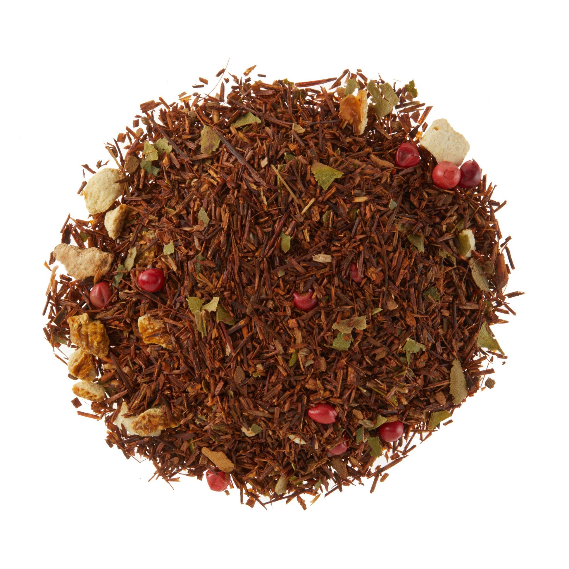 Tea leaves with visible red berries and green leaves on a white background