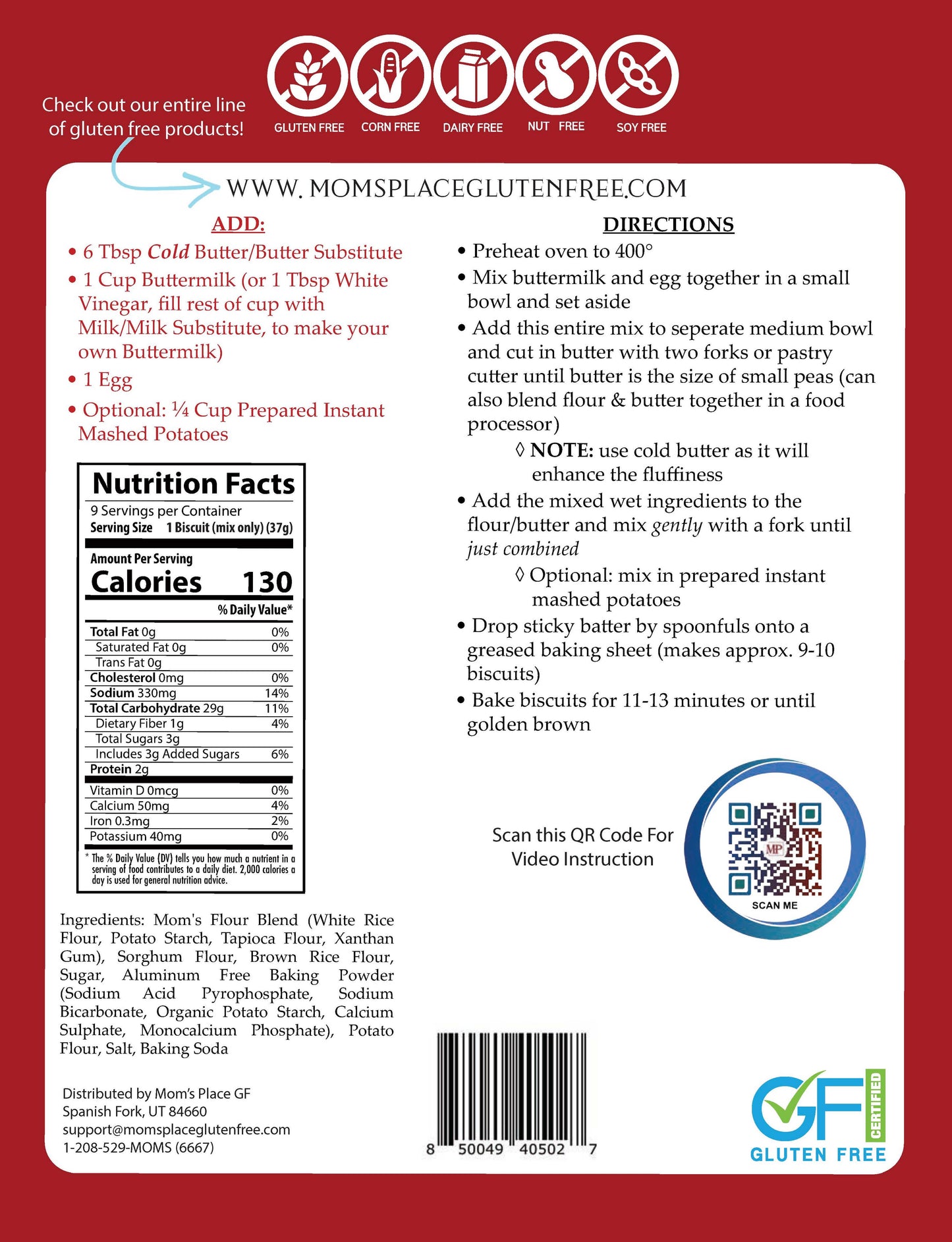 Back of a gluten-free product packaging with nutrition facts, ingredients list, and QR code.