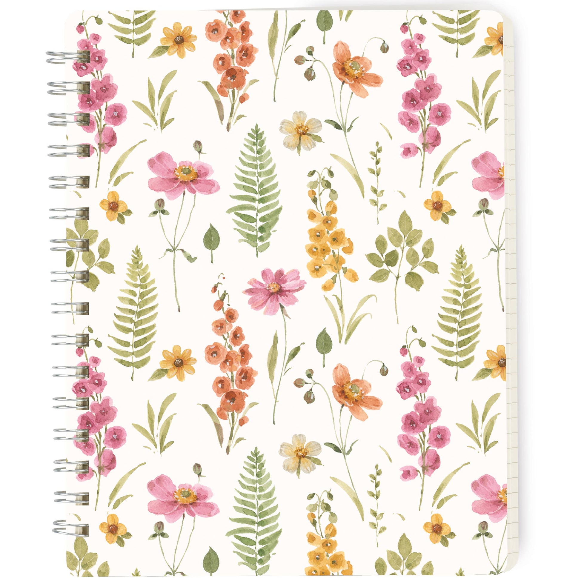 Notebook with floral and leaf pattern on a white background