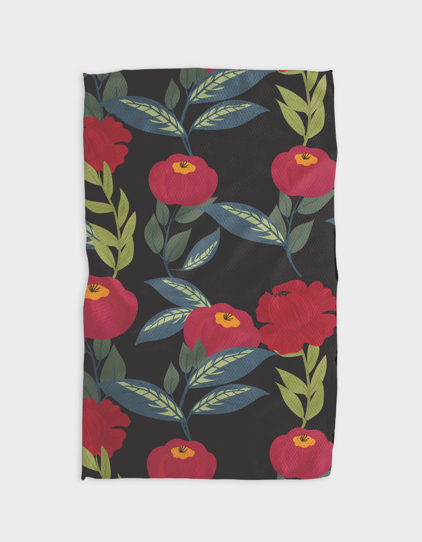 Geometry Tea towel Floral patterned towel with red flowers and green leaves on a black background