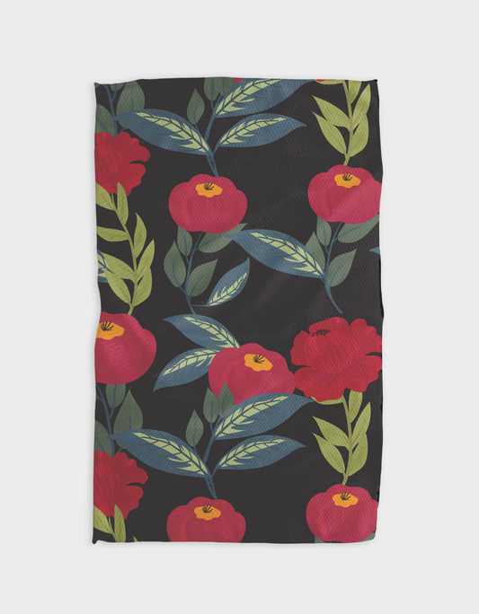 Geometry Tea towel Floral patterned towel with red flowers and green leaves on a black background