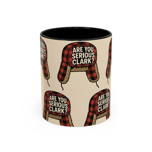 Mug with plaid hat design and 'Are You Serious Clark?' text on a beige background
