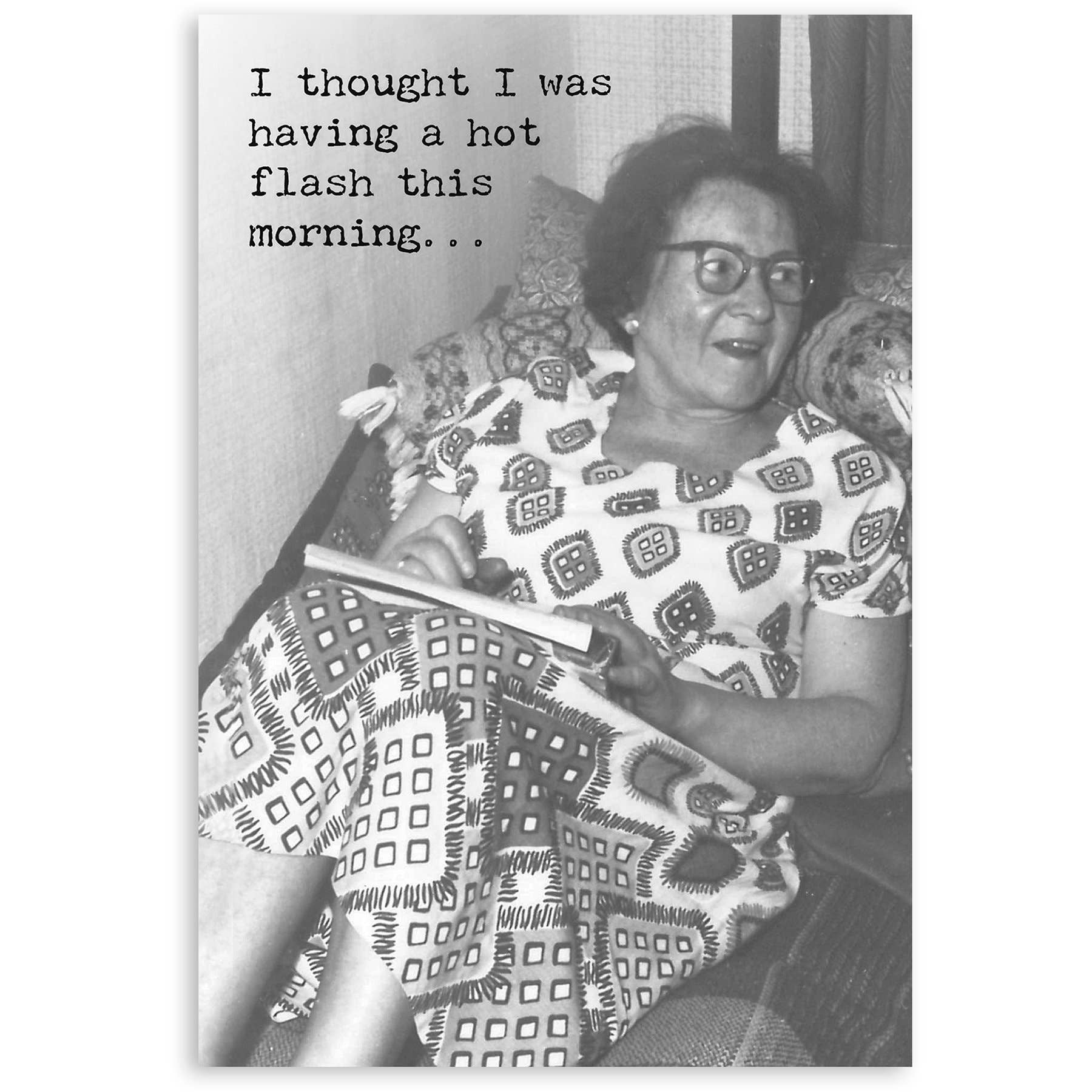 Black and white photo of a woman sitting in a chair with text above her.