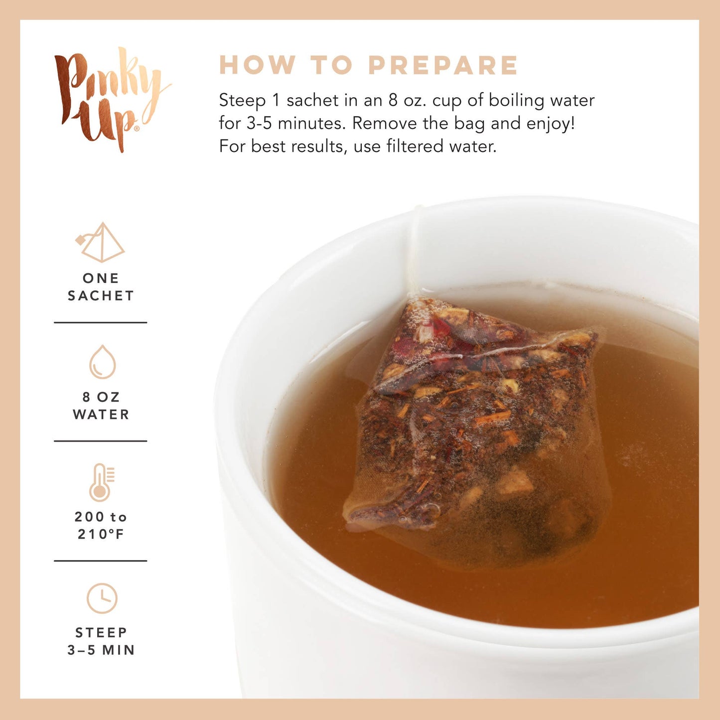 Tea bag steeping in a cup with preparation instructions on a beige background