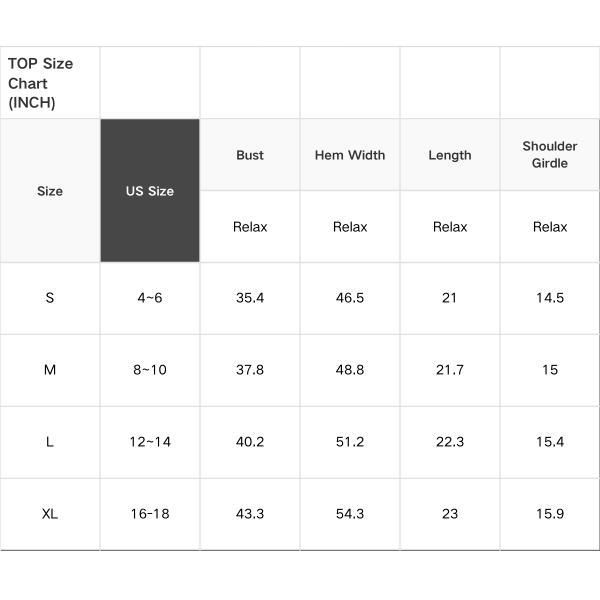 Size chart for tops in inches with US size labels