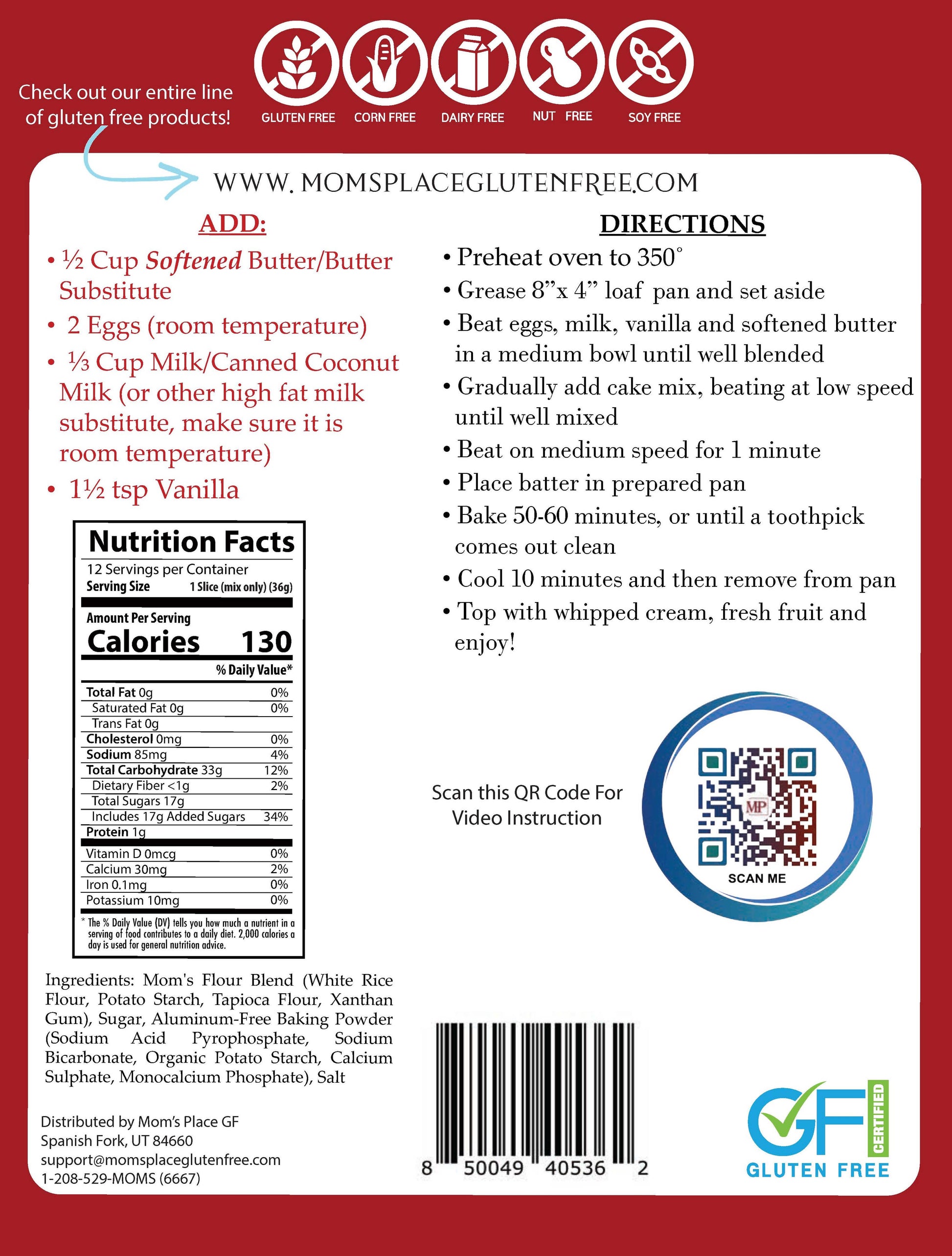 Back of a product packaging with nutritional information, directions, and QR code on a red background.