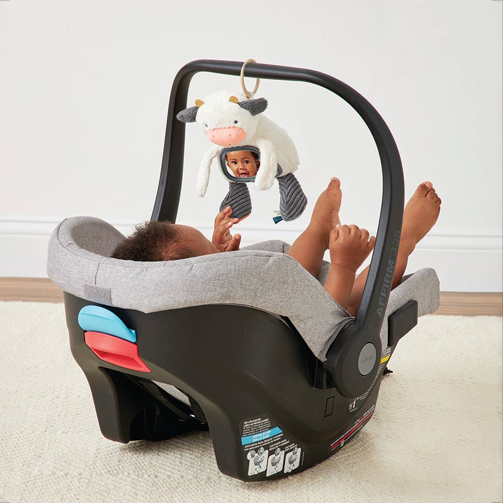 Baby in a car seat with a hanging toy and mirror