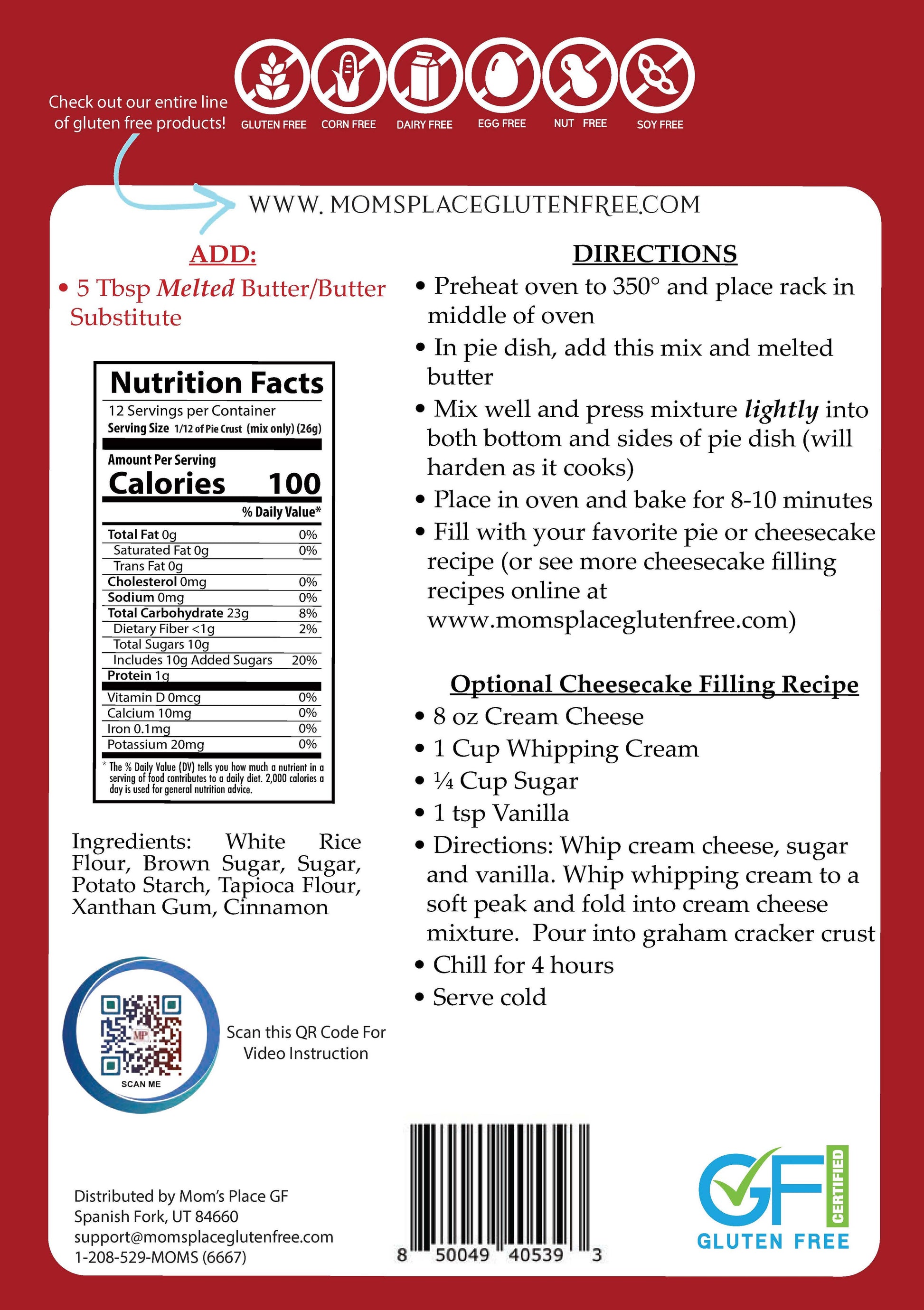 Back of a food package with nutritional information, directions, and branding on a red background.