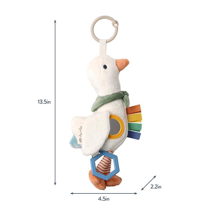 Plush toy goose with colorful elements and dimensions on a white background