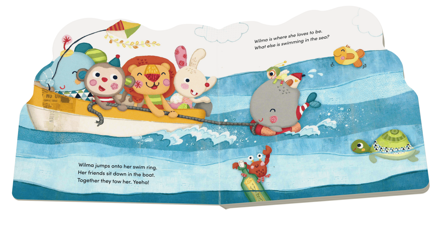 Illustrated book page with cartoon animals on a boat and sea background