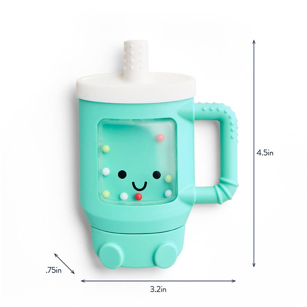 Teal children's cup with smiley face design and straw, shown with measurements on a white background.