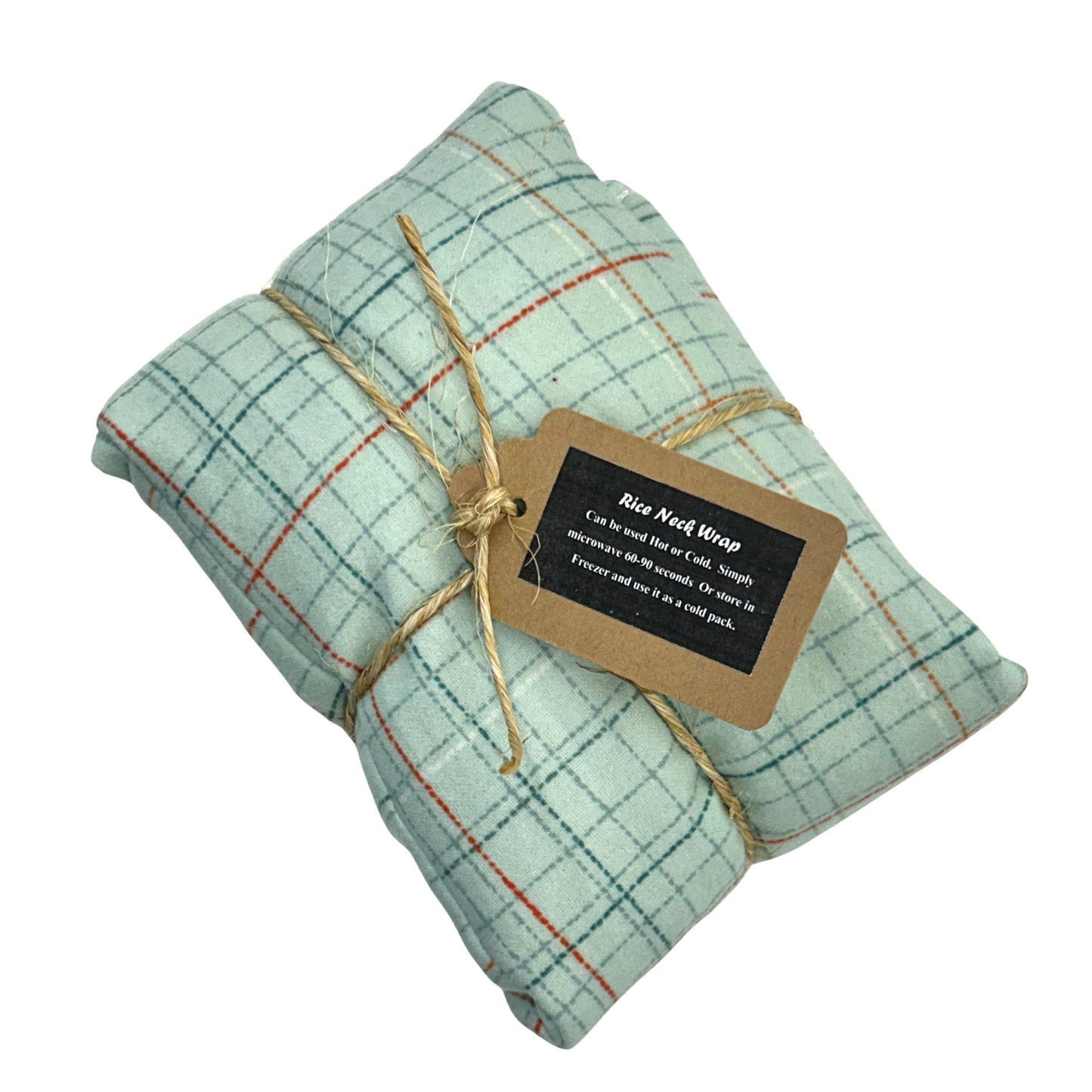 Rolled-up green checkered fabric with a brown tag on a white background