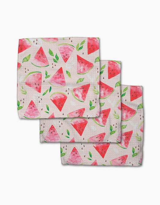 Set of three fabric swatches with watermelon pattern on a white background