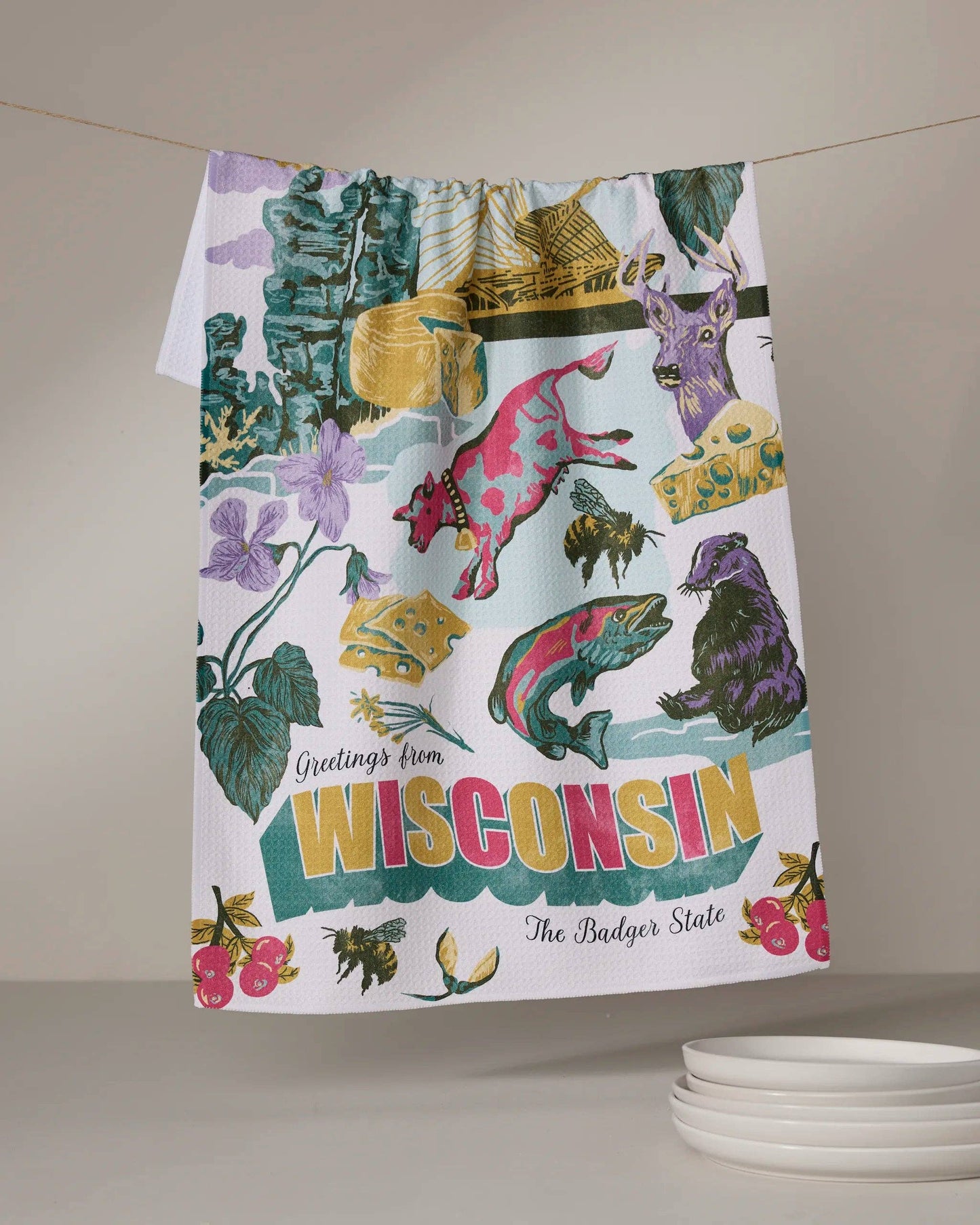 Geometry Tea Towel Decorative towel with Wisconsin-themed design featuring animals and nature elements on a white background.