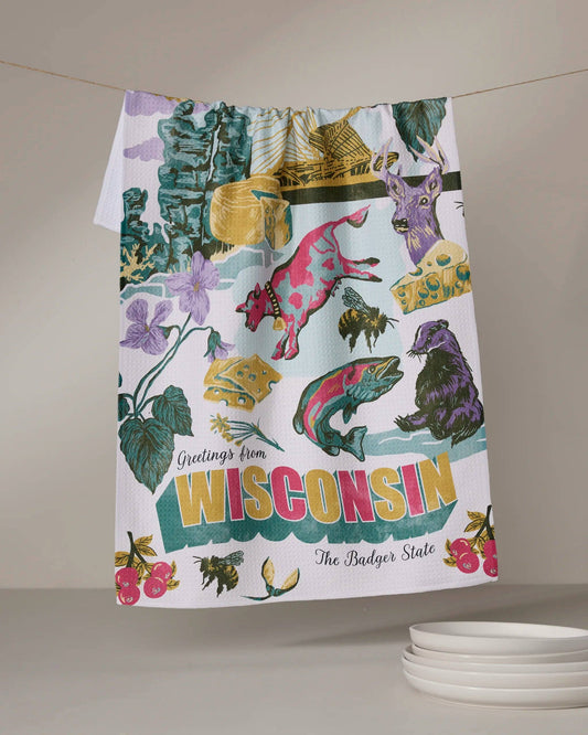 Geometry Tea Towel Decorative towel with Wisconsin-themed design featuring animals and nature elements on a white background.
