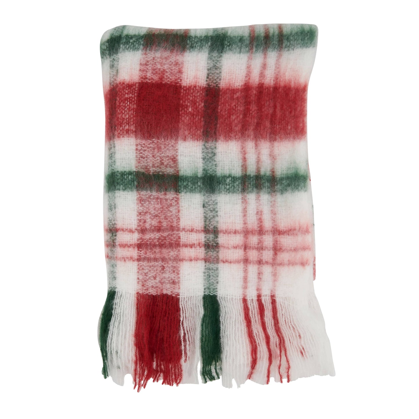 Faux Mohair plaid blanket with red, green, and white colors on a white background