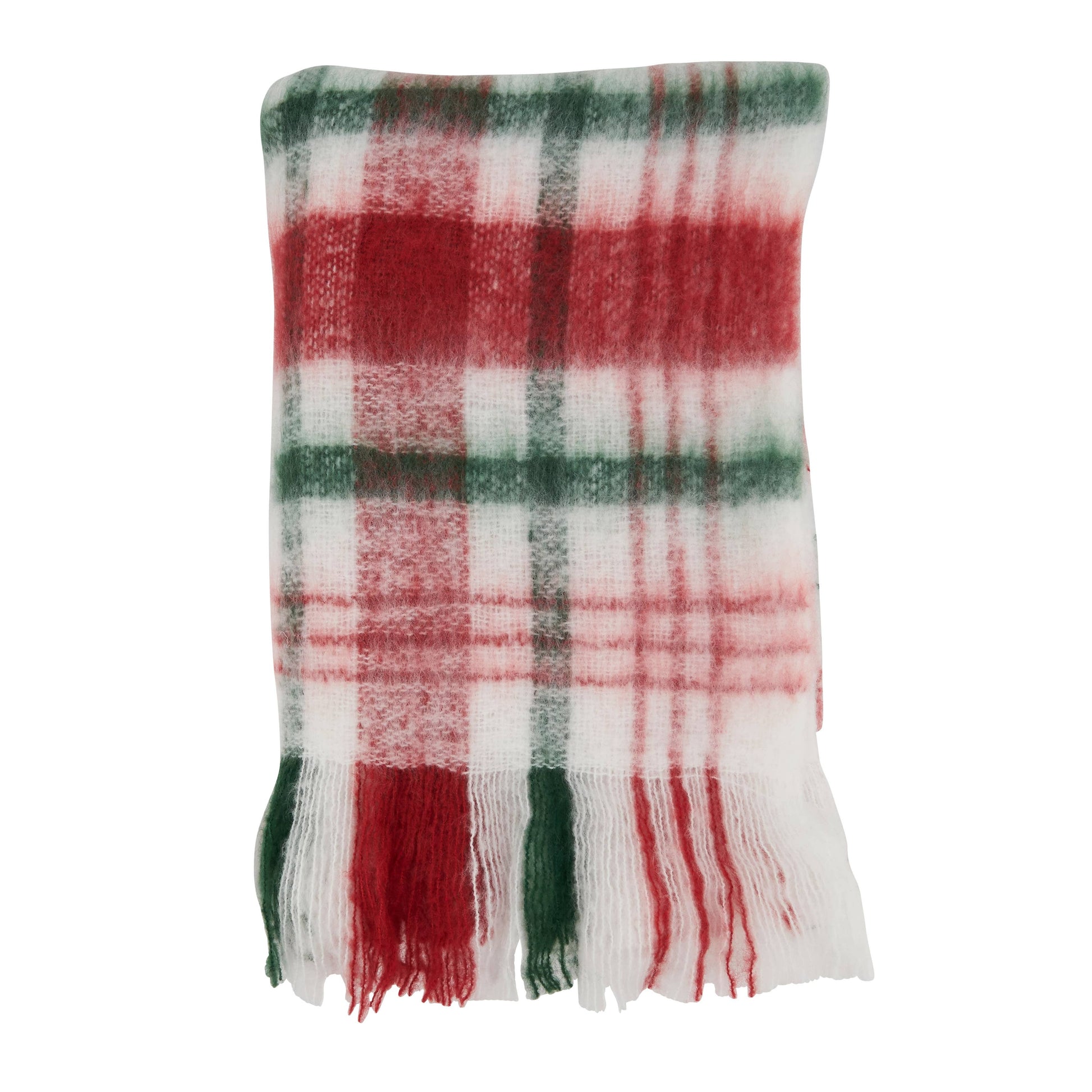 Faux Mohair plaid blanket with red, green, and white colors on a white background