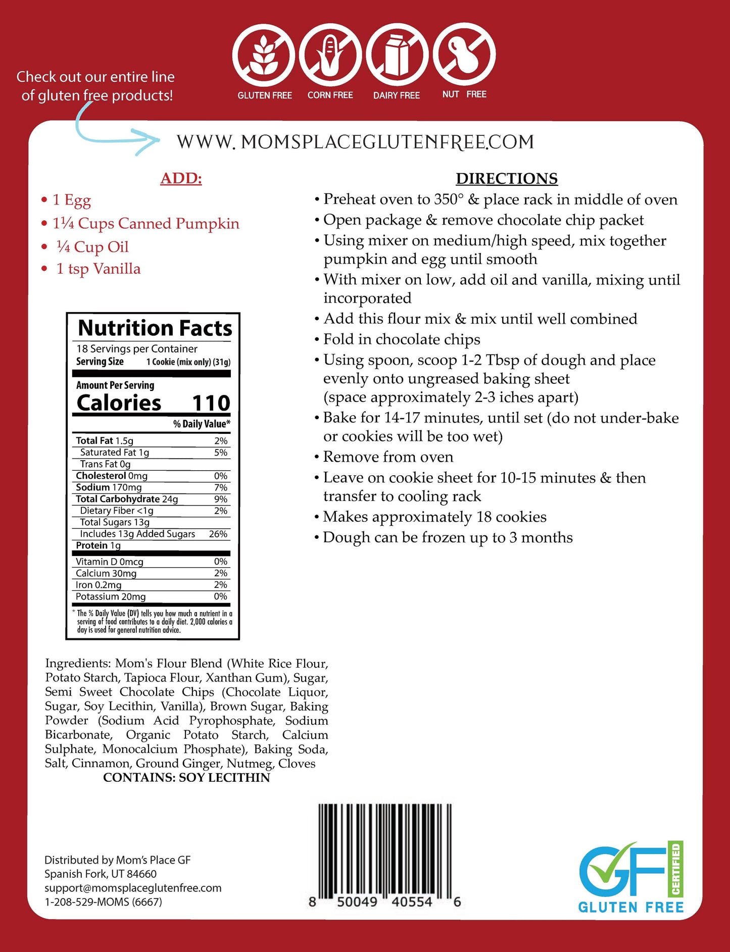 Back of a food package with nutrition facts, ingredients, and cooking directions on a red background.