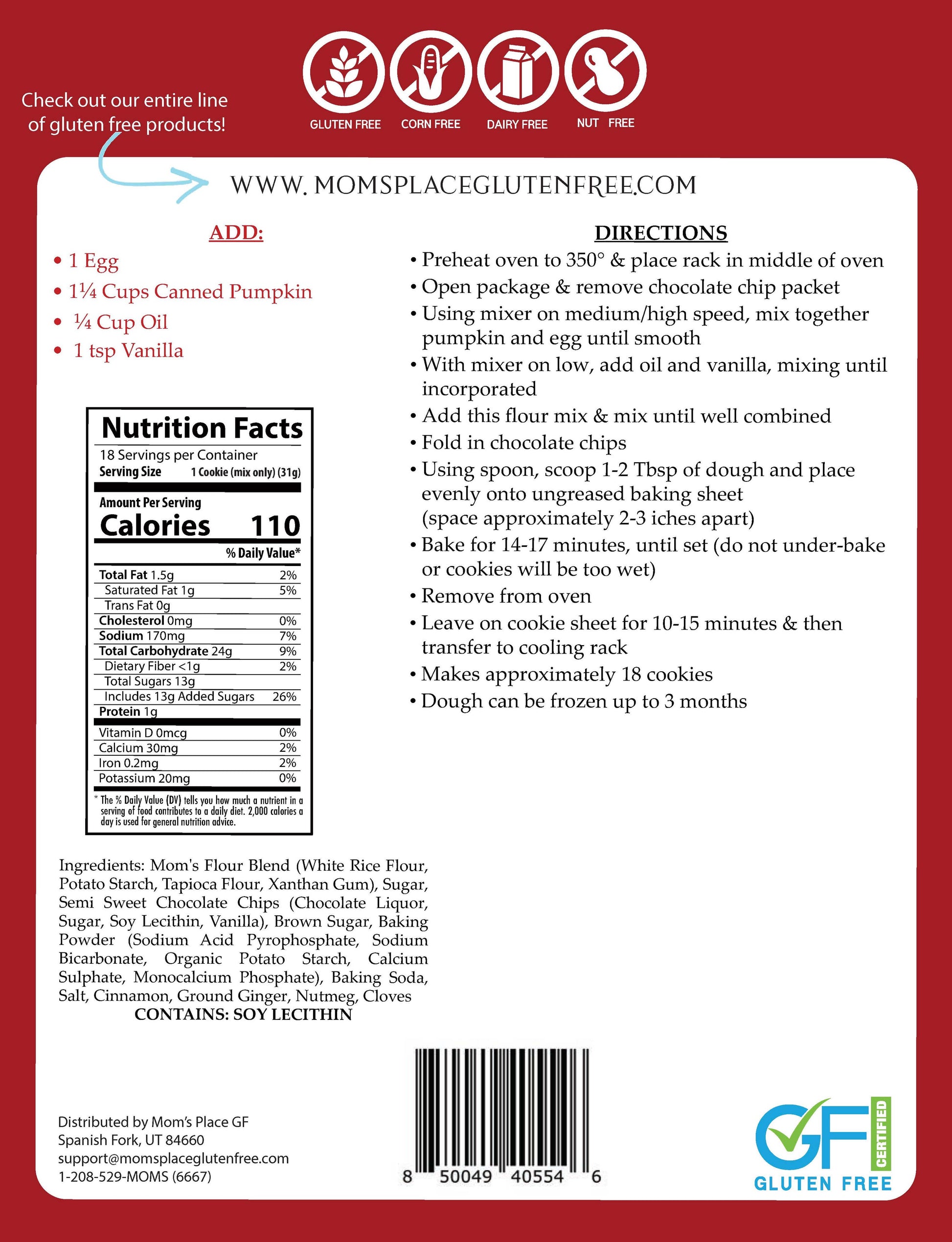 Back of a food package with nutrition facts, ingredients, and cooking directions on a red background.
