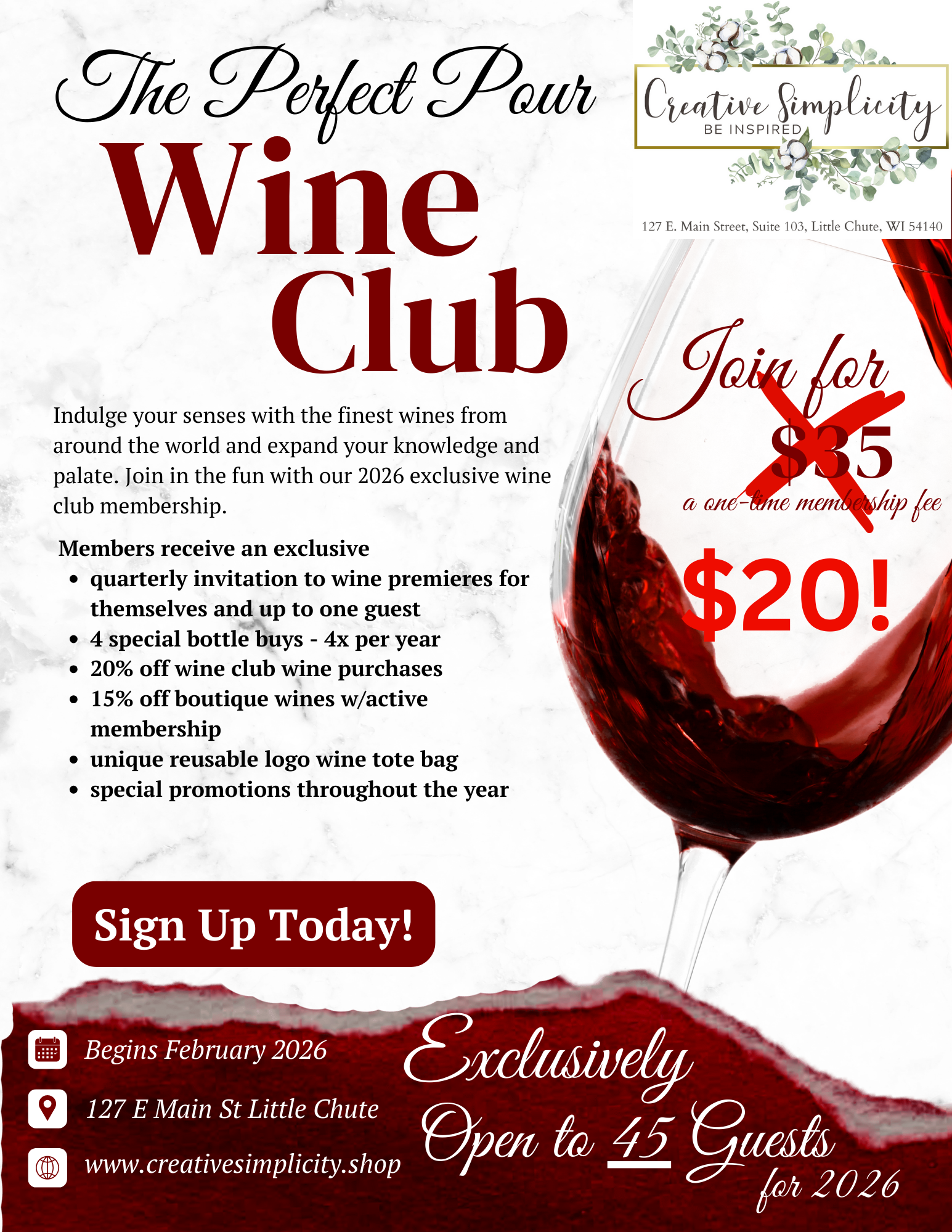 Wine club promotional flyer with a glass of red wine and text details.