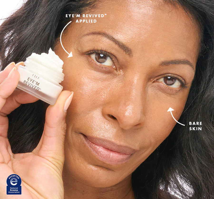 Woman applying skincare product to her eye area with labeled text on a close-up of her face.
