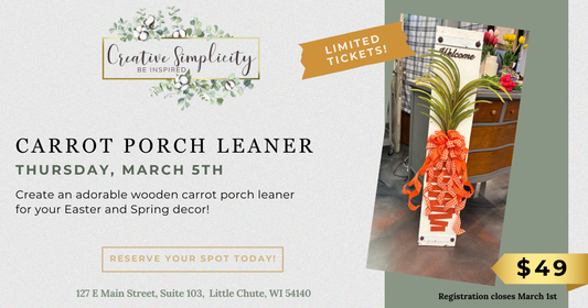 Advertisement for a carrot porch cleaner workshop with a wooden carrot and gift box on a table.