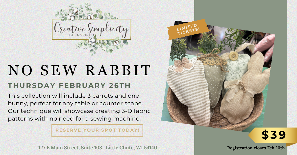 Advertisement for a no-sew rabbit craft event with promotional text and images.
