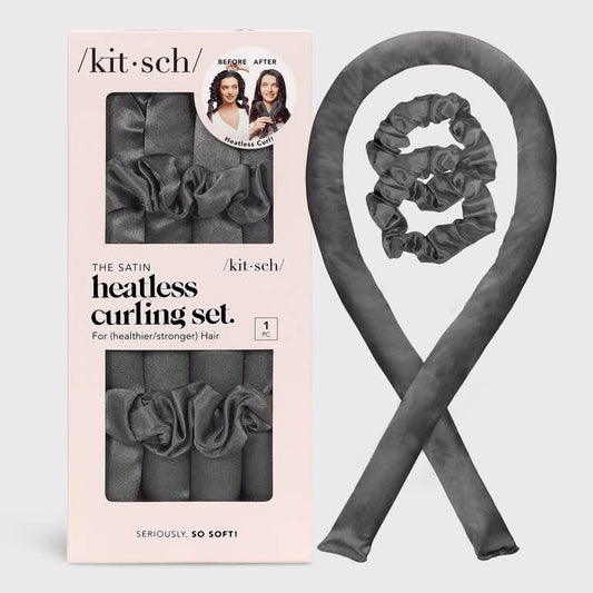 Gray satin heatless curling set with packaging on a light gray background