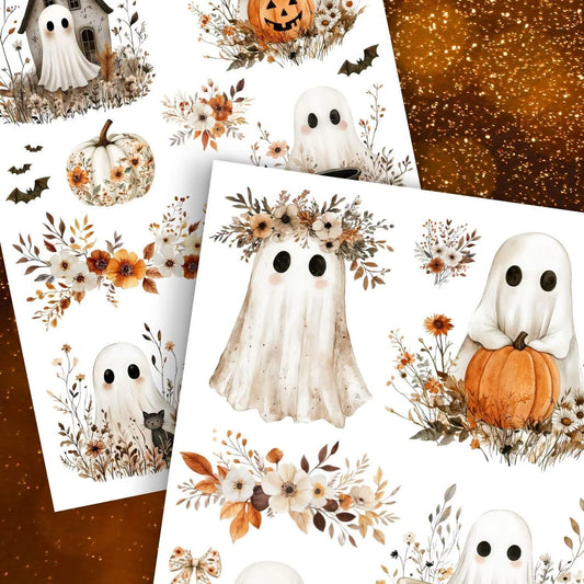 Ghost with wildflower florals and pumpkins on brown background