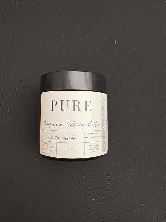 A container of Pure brand magnesium calming butter with vanilla lavender scent, positioned on a dark background.