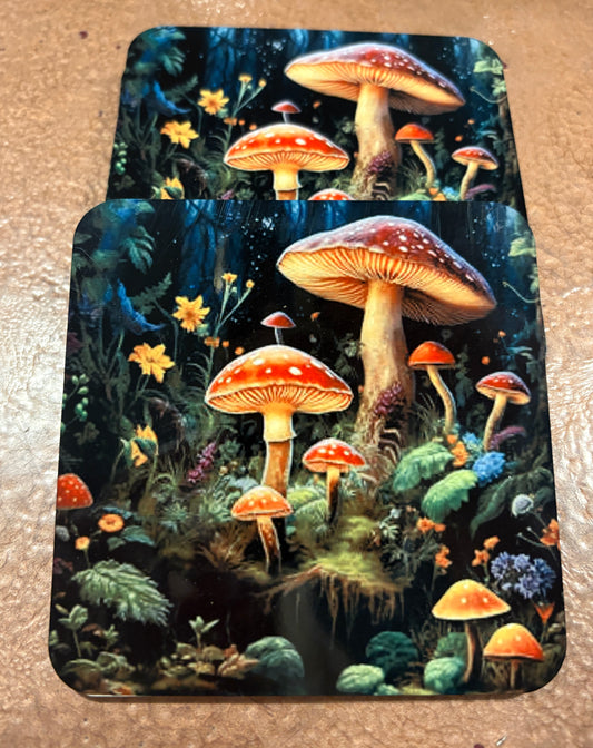 Black 4” Drinking Coaster with Mushrooms