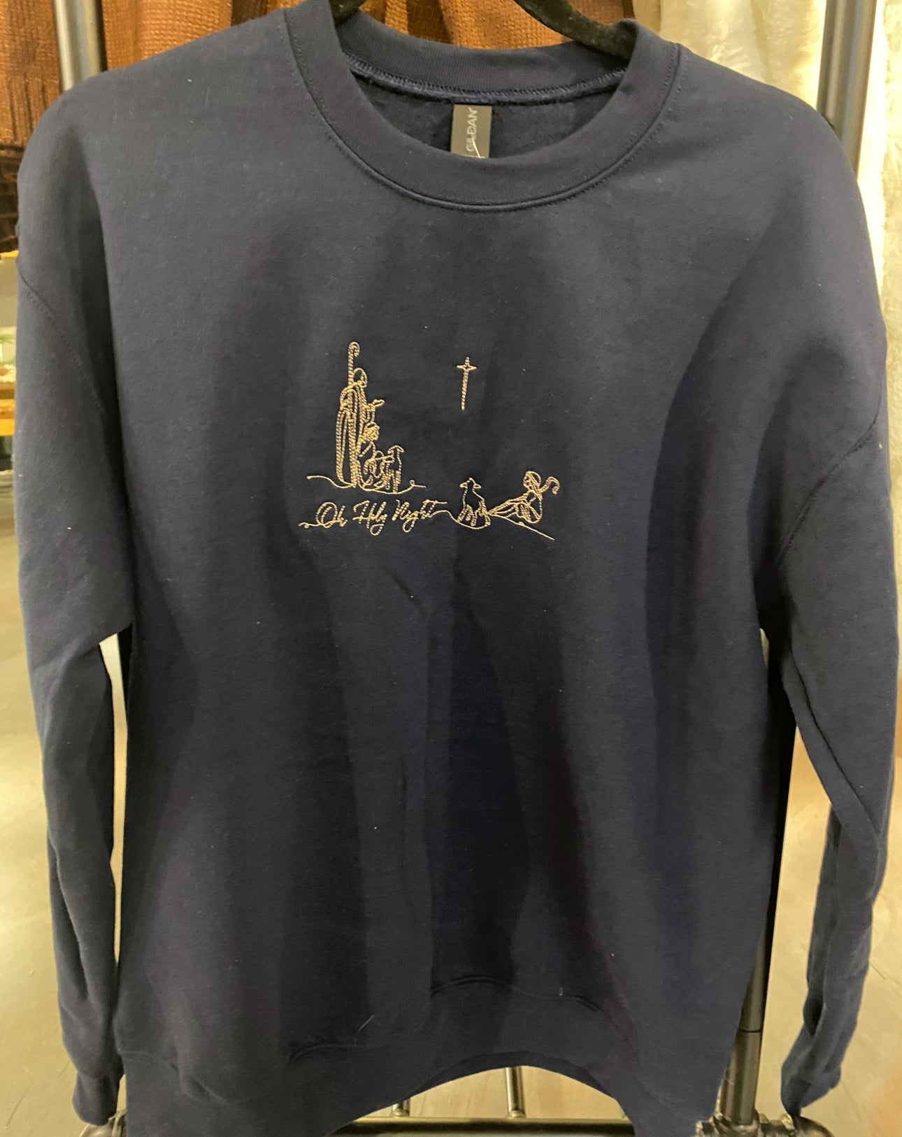 Navy Blue Embroidered Crewneck Sweatshirt with Oh Holy Night