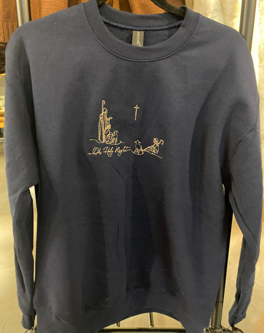 Navy Blue Embroidered Crewneck Sweatshirt with Oh Holy Night