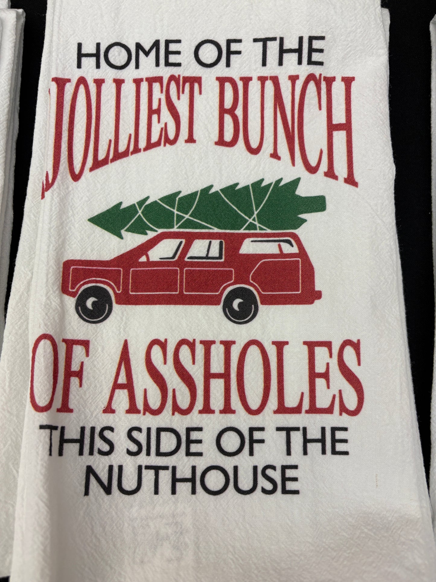 Christmas Vacation Tea Towel Towel with humorous text and graphic design on a white background