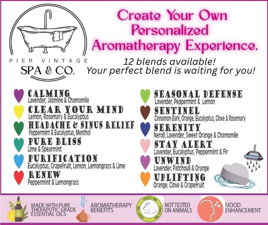 Promotional graphic for Pier Vintage Spa & Co. with aromatherapy blends and benefits.