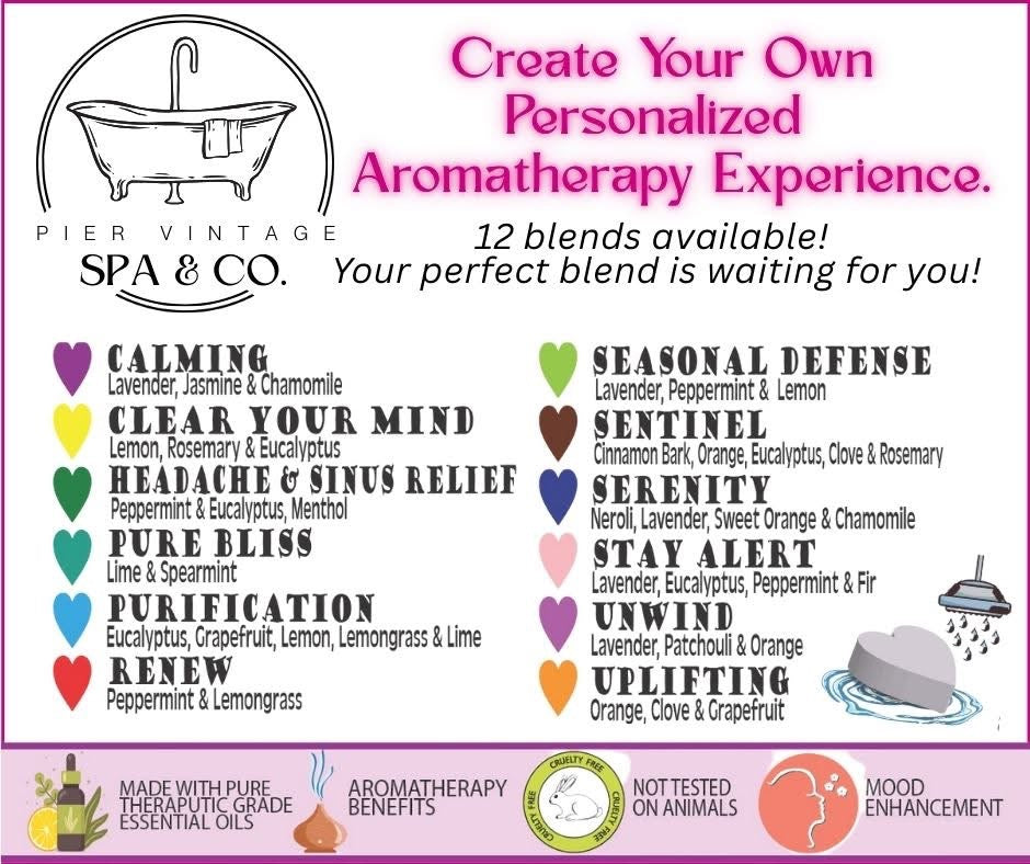 Promotional graphic for Pier Vintage Spa & Co. with aromatherapy blends and benefits.