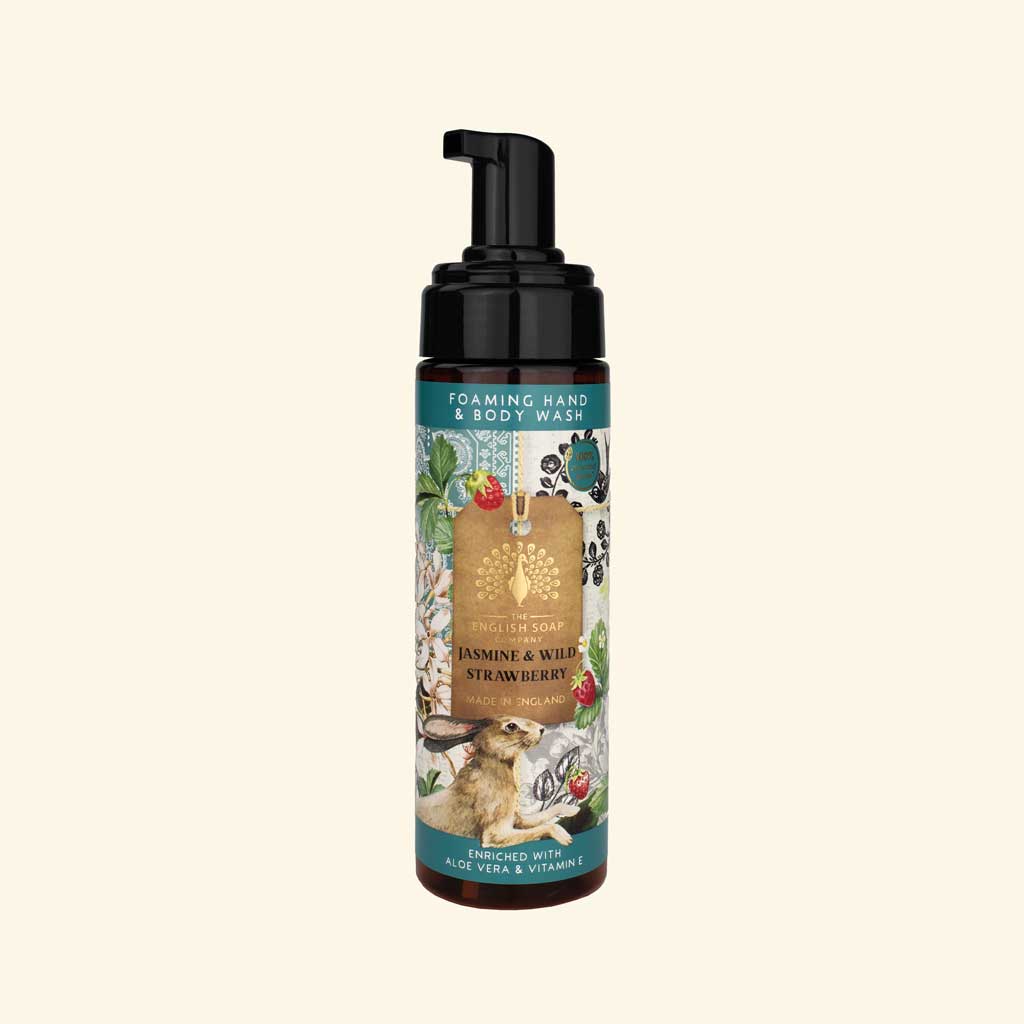 Foaming hand and body wash bottle with a colorful label on a white background