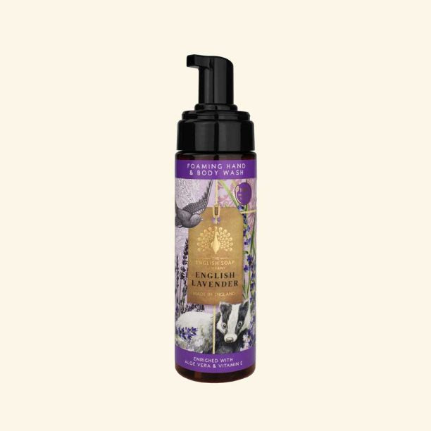 Foaming hand and body wash bottle with lavender design on a beige background