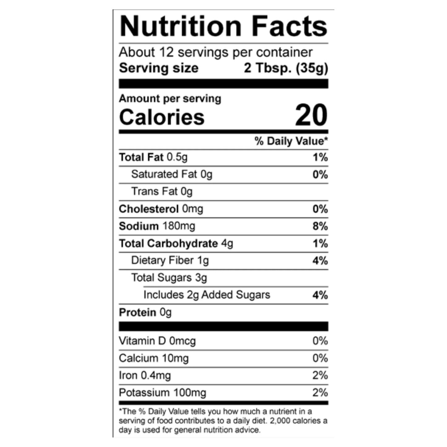 Nutrition facts label for a product with serving size and calorie information for New Canaan Farms Tejas Grilling BBQ Sauce