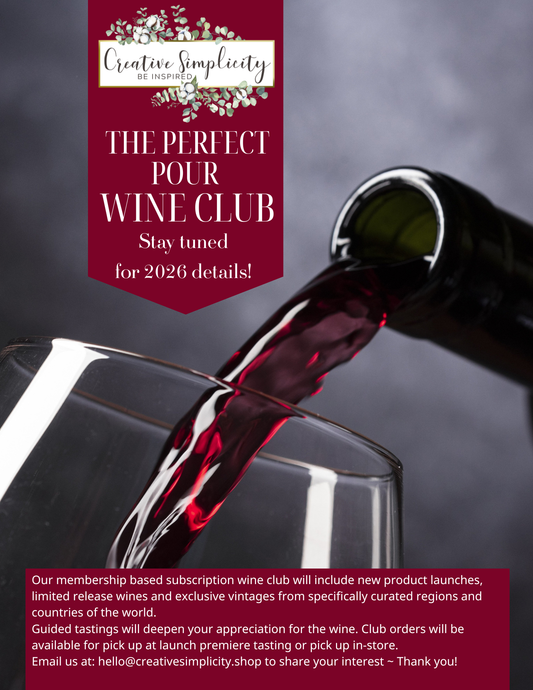 Wine being poured into a glass with promotional text for 'The Perfect Pour Wine Club' on a dark background.