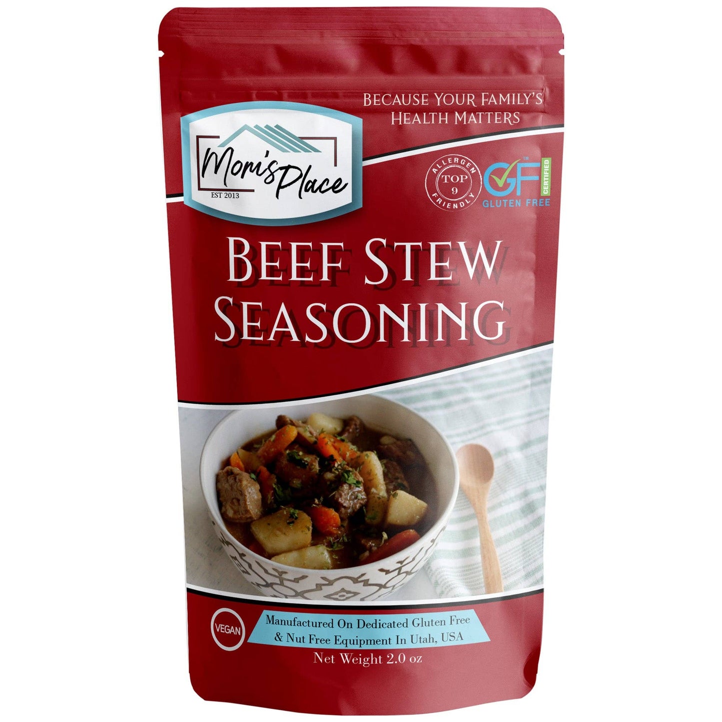 Mom's Place Beef Stew Seasoning package on a white background